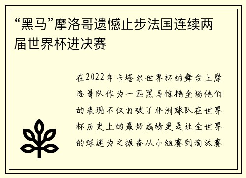 “黑马”摩洛哥遗憾止步法国连续两届世界杯进决赛