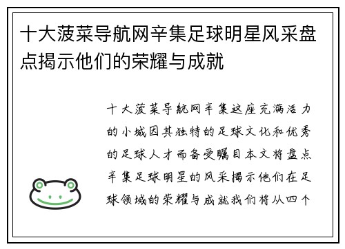 十大菠菜导航网辛集足球明星风采盘点揭示他们的荣耀与成就