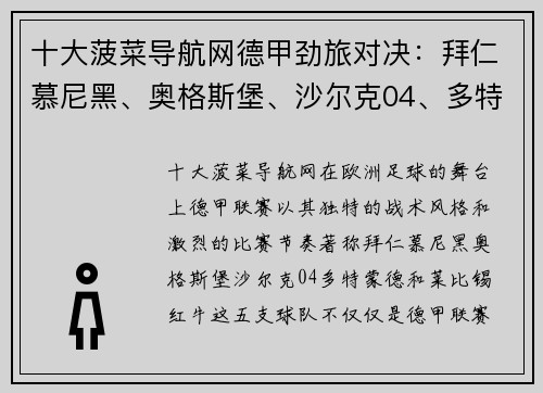 十大菠菜导航网德甲劲旅对决：拜仁慕尼黑、奥格斯堡、沙尔克04、多特蒙德、莱比锡红牛的激情碰撞